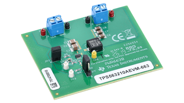 TPS563210AEVM-663 TPS563210A, 3A Synchronous Step-Down Converter Evaluation Module angled board image