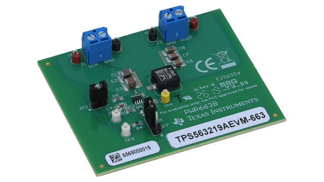 TPS563219AEVM-663 TPS563219A, 3A Synchronous Step-Down Converter Evaluation Module angled board image