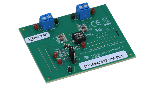TPS564201EVM-801 TPS564201 4.5V to 17V Input, 4A Output, Synchronous Step-Down Converter Evaluation Module angled board image