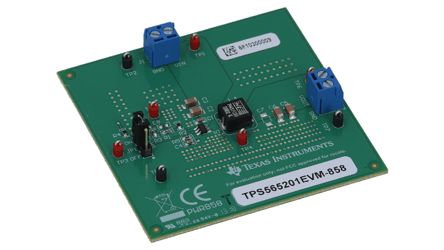TPS565201EVM-858 TPS565201 5A, Synchronous Step-Down Voltage Regulator Evaluation Module angled board image