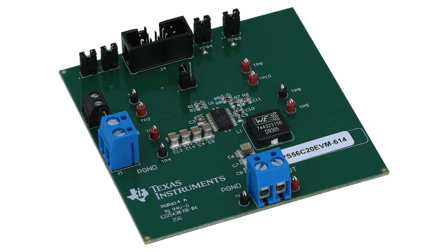 TPS56C20EVM-614 TPS56X20EVM-614, 4.5V  to 17 V input, 1.1 V @ 12 A max output evaluation module with I2C interface for output voltage scaling. angled board image