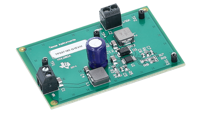 TPS57160-Q1EVM TPS57160-Q1EVM: - EMC 最適化 EVM、TPS57160-Q1 降圧 DC/DC コンバータ機能付き angled board image