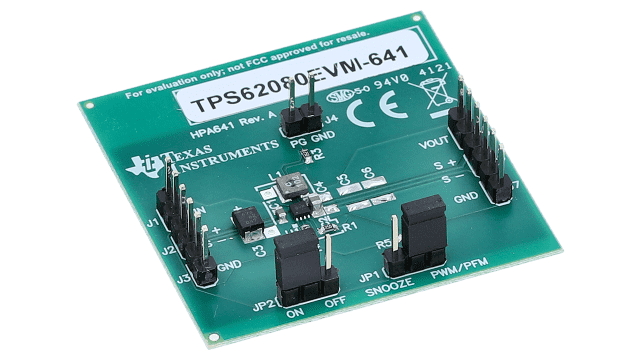 TPS62080EVM-641 1.2 A、高効率降圧コンバータ評価モジュール angled board image