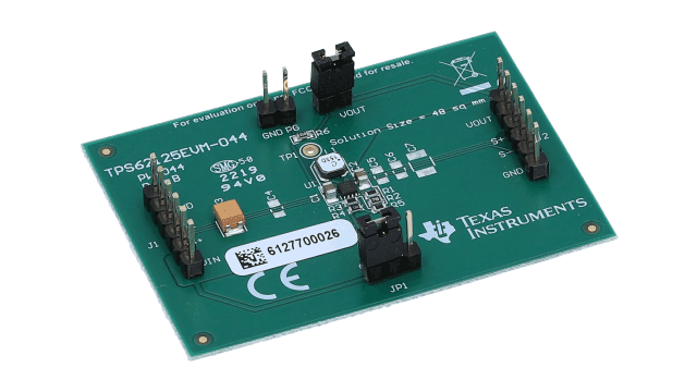 TPS62125EVM-044 <p>Evaluierungsmodul für Abwärtswandler, 3 V bis 17 V, 300 mA und einstellbarem Aktivierungsschwellenwert</p> angled board image