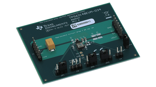 TPS62148EVM-034 17-V Input, 2-A Output, Step-Down Converters with fSEL functionality Evaluation Module angled board image