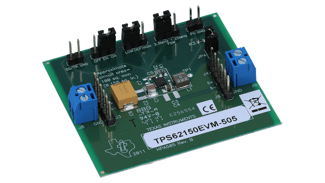 TPS62150EVM-505 Evaluation Module for TPS62150 a 1-A, synchronous, step-down converter in a 3x3-mm, 16-pin QFN angled board image