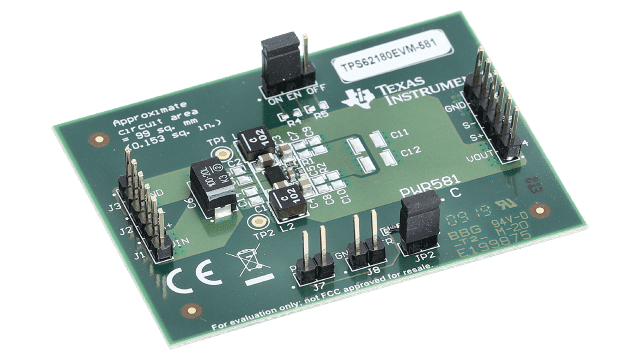 TPS62180EVM-581 15-V Input, 6-A Output, 2-Phase Step-Down Converter with Automatic Efficiency Enhancement (AEETM) angled board image