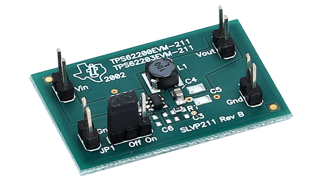 TPS62203EVM-211 TPS62203 6 V-Eingang, 3,3 V-Ausgang, 0,3 A, Evaluierungsmodul angled board image