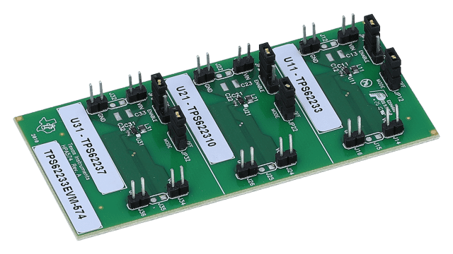 TPS62233EVM-574 評価モジュール、TPS62233、TPS622310、TPS62237 用、超小型降圧コンバータ 2.3V、3.0V、3.3V angled board image