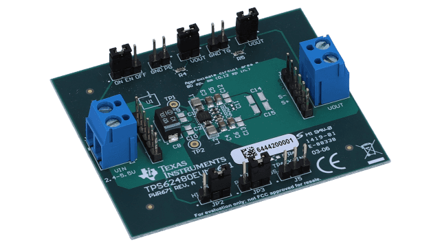 TPS62480EVM-671 Evaluation Module for TPS62480, a 5.5-V Input, 6-A Output, 2-Phase Step-Down Converter angled board image