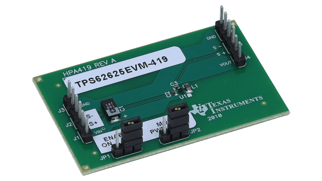 TPS62625EVM-419 Evaluation Module for TPS62625 600-mA, 6-MHz, Vout 1.2V Step-Down Converter angled board image