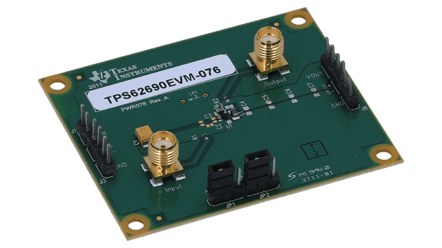 TPS62690EVM-076 Evaluation Module for TPS62690, 500-mA, 4-MHz, 2.85-Vout High-Efficiency Step-Down Converter angled board image