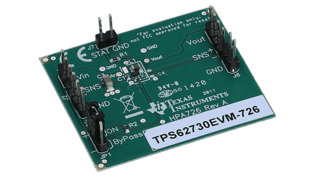 TPS62730EVM-726 Step Down Converters | Bypass Mode for Ultralow-Power Wireless, Evaluation Module, TPS62730 angled board image