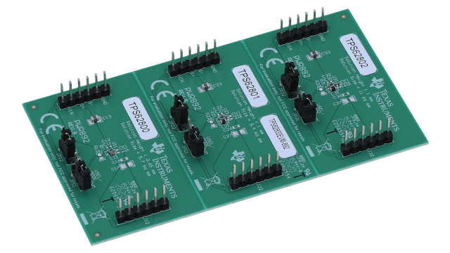TPS62800EVM-892 Tiny 0.35-mm Pitch 1-A Step-Down Converters with 2.3-uA Iq Evaluation Module (3 circuits) angled board image