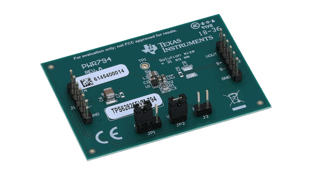 TPS62825EVM-794 1.5 mm x 1.5 mm QFN Package, 2-A Step-down Converter With 1% Output Accuracy Evaluation Module angled board image