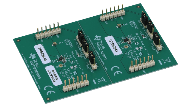 TPS62840-1DLCEVM55 静止電流（IQ）60nA、QFN パッケージ、高効率、750mA 降圧コンバータの評価モジュール（2 回路） angled board image