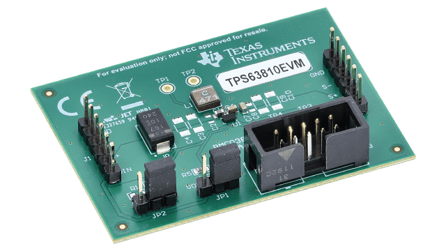 TPS63810EVM <p>TPS63810 high-efficiency, high output current, I&sup2;C controlled, buck-boost converter EVM</p> angled board image