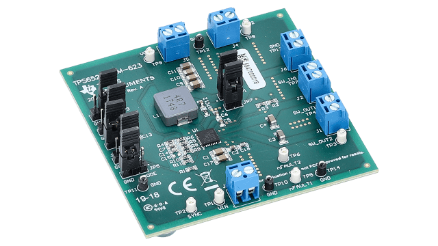 TPS65286EVM-623 TPS65286 Evaluation Module, Dual Power Distribution Switch and 28Vin/6A Buck Converter angled board image