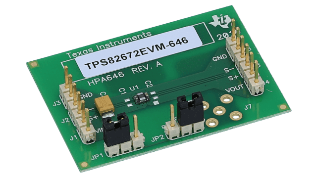 TPS82672EVM-646 Evaluation Module for TPS82672 600-mA, High-Efficiency MicroSiP Step-Down Converter angled board image