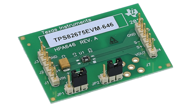 TPS82675EVM-646 Evaluation Module for TPS82675 600mA, 1.2Vout Fully Integrated, Low Noise Step-Down Converter angled board image