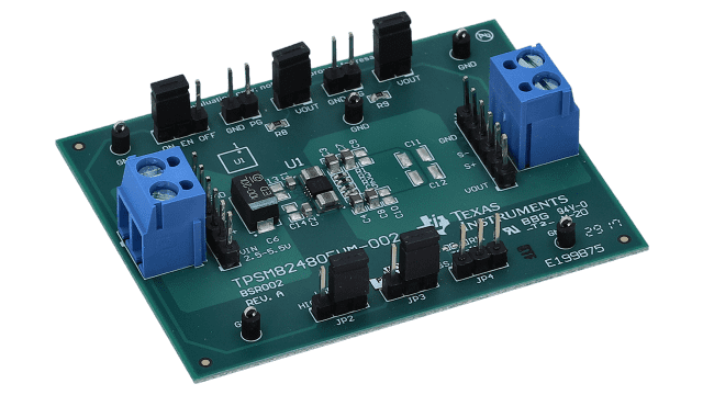 TPSM82480EVM-002 TPSM82480 5.5-V Input, 6-A, Step-Down Converter With Integrated Inductor Evaluation Module angled board image
