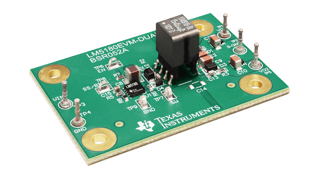 LM5180EVM-DUAL デュアル出力、ワイド VIN、PSR フライバック・コンバータの評価モジュール angled board image
