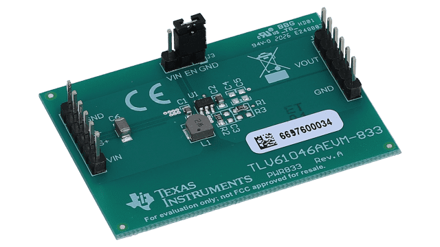 TLV61046AEVM-833 评估板 - 集成二极管和隔离 MOSFET 的 28V 输出电压升压转换器 angled board image