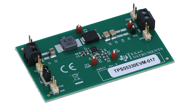 TPS55330EVM-017 Integrated 5-A, 24-V Wide Input Range Boost DC/DC Regulator Evaluation Module angled board image