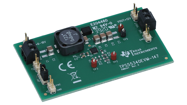 TPS55340EVM-147 SEPIC Evaluation Module for TPS55340 5A, 40V Current Mode Integrated-FET DC Converter angled board image
