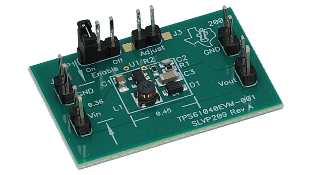 TPS61040EVM-001 TPS61040 Boost Converter Evaluation Module for LCD Supply, 18V/20mA angled board image