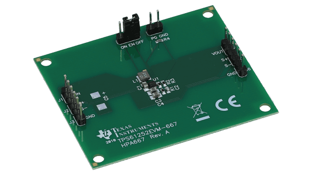 TPS61252EVM-667 Evaluation Module Board for TPS61252 3.5MHz, 1.5A, 92% Efficient Step-up (Boost) Converter angled board image