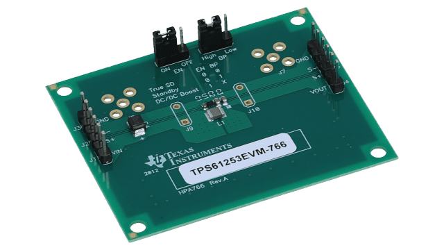 TPS61253EVM-766 TPS61253 Chip Scale step-up dc-dc converters, 3.5-MHz high efficiency  Evaluation Module angled board image