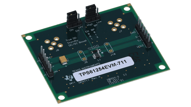 TPS61254EVM-711 評価基板、TPS61254 用、小型ブースト・コンバータ、入力電流制限/バイパス付 angled board image