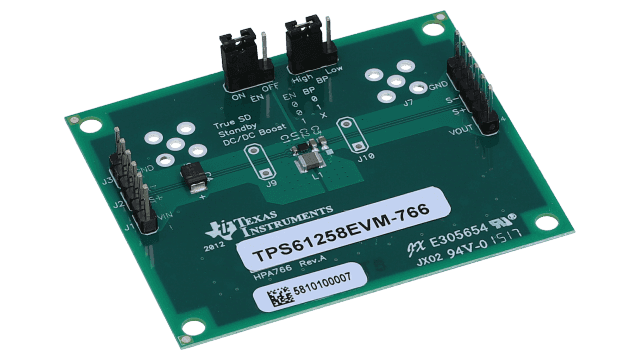 TPS61258EVM-766 TPS61258 3.5MHz 動作、高効率、チップ・スケール昇圧 DC/DC コンバータの評価モジュール angled board image