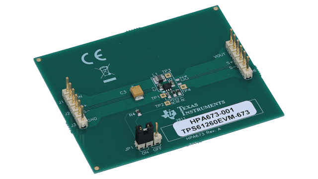TPS61260EVM-673 Evaluation Module for TPS61260 Tiny Low Input Voltage Boost Converter with Adjustable Output Voltage angled board image