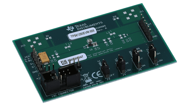 TPS61280EVM-585 Low-, Wide- Voltage Battery Front-End DC/DC Converter with I2C interface Evaluation Module angled board image