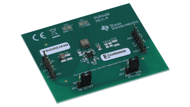 TPS630250EVM-668 TPS630250 QFN 4A Switch Buck-Boost Regulator Evaluation Module angled board image