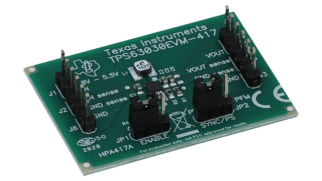 TPS63030EVM-417 TPS63030、5.5V 入力、3.3V 出力、0.5A 評価モジュール angled board image