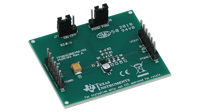 TPS63036EVM-163 Single Inductor, Buck-Boost Converter Evaluation Module angled board image