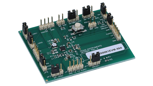 TPS650061EVM-584 評価モジュール、2.25MHz、降圧コンバータ、デュアル LDO / SVS 付 angled board image