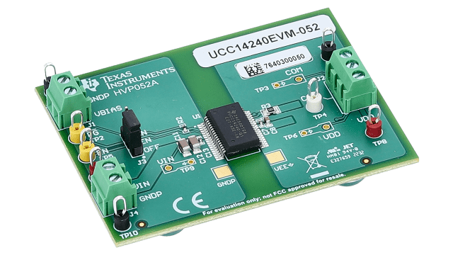 UCC14240EVM-052 <p>UCC14240-Q1 ゲート・ドライバのバイアス向け、2.0W デュアル出力、絶縁型 DC/DC コンバータの評価基板</p> angled board image