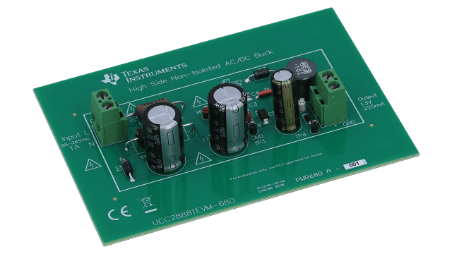 UCC28881EVM-680 UCC28881 オフライン・ハイサイド降圧コンバータ、評価モジュール angled board image