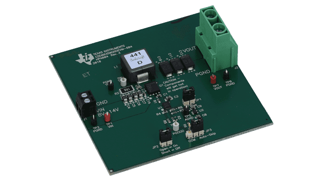 CSD86350Q5DEVM-604 Solución de fuente de alimentación de alta densidad y corriente con NexFET&trade; bloque de alimentación y TPS51218 angled board image