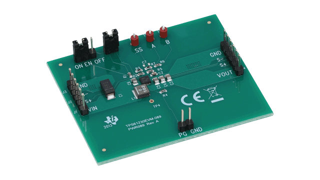 TPS61230EVM-089 TPS61230EVM-089 高効率、5A スイッチ付き、同期整流・昇圧コンバータの評価モジュール angled board image