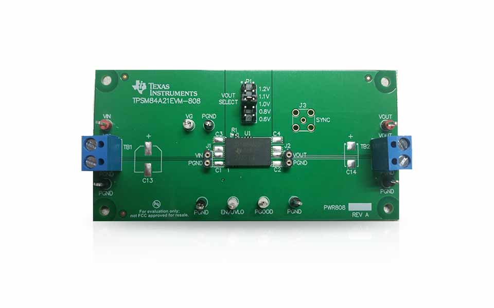 TPSM84A21EVM-808 TPSM84A21 10A SWIFT&trade; Power Module Evaluation Module top board image