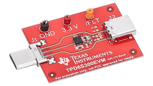 TPD6S300EVM TPD6S300 USB Type-C&trade; 過電壓和 IEC ESD 防護評估模組 angled board image