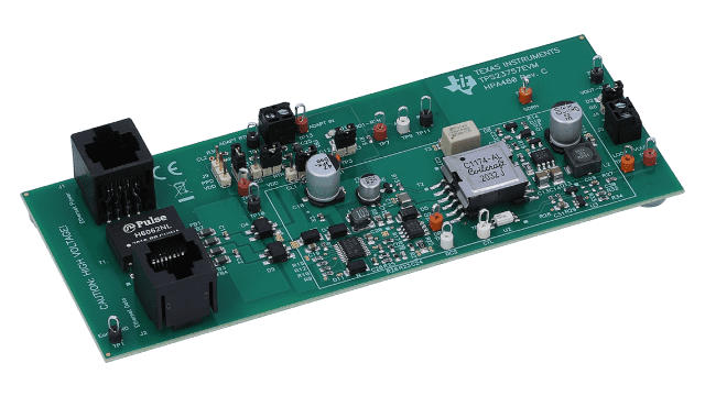 TPS23757EVM TPS23757 向け、22～57Vin、5Vout の高効率 PoE インターフェイスと DC/DC コントローラの評価モジュール angled board image