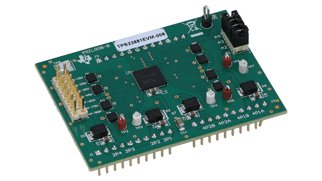 TPS23881EVM-008 TPS23881 daughter card for IEEE 802.3bt ready PoE PSE applications angled board image