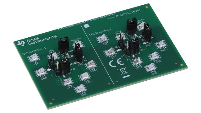 TPS3813Q1EVM TPS3813-Q1 ウィンドウ・ウォッチドッグ搭載プロセッサ・スーパーバイザ回路の評価モジュール angled board image