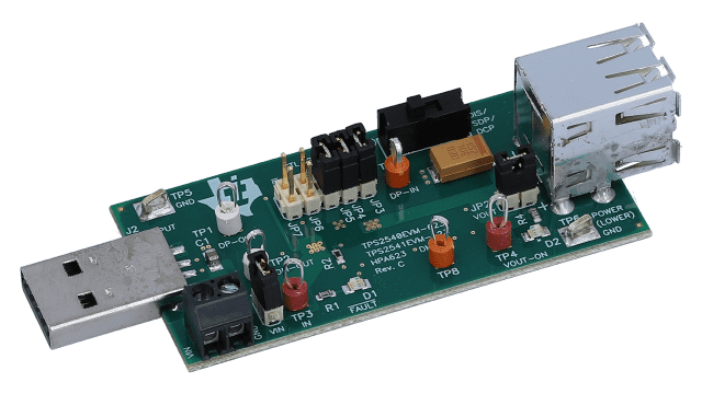 TPS2540EVM-623 Evaluation Module for TPS2540 USB Charging Port Power Switch & Controller angled board image